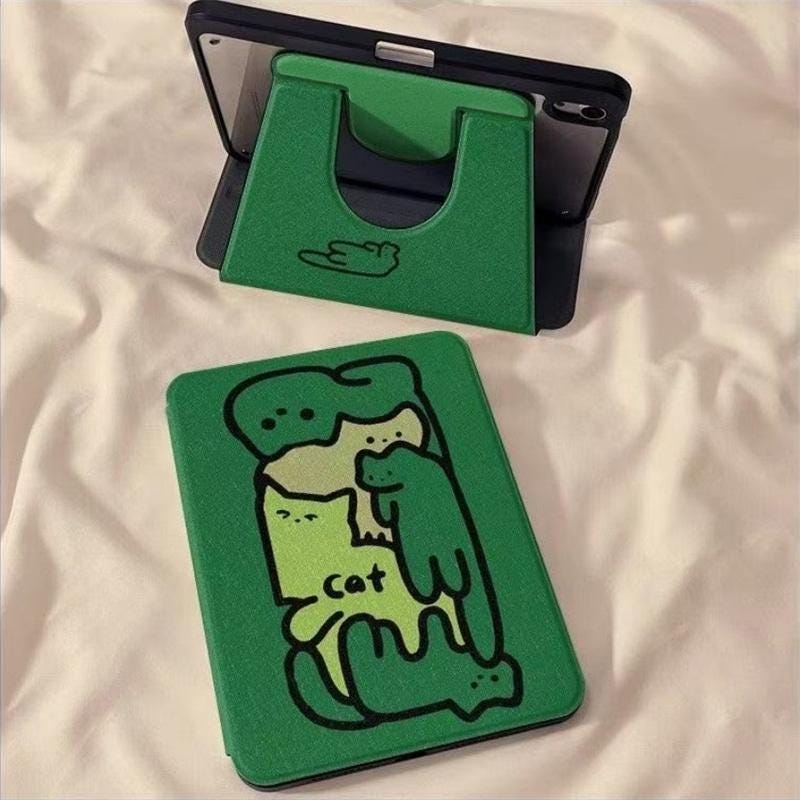 Green PU Leather Flip Cover iPad Cartoon Cat Tablet Case