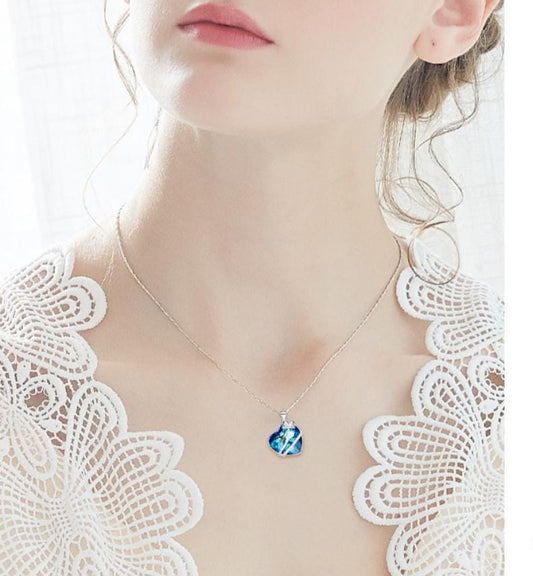 Ocean Heart Flower Crystal Necklace Silver 925 – Romantic Blue Crystal Pendant