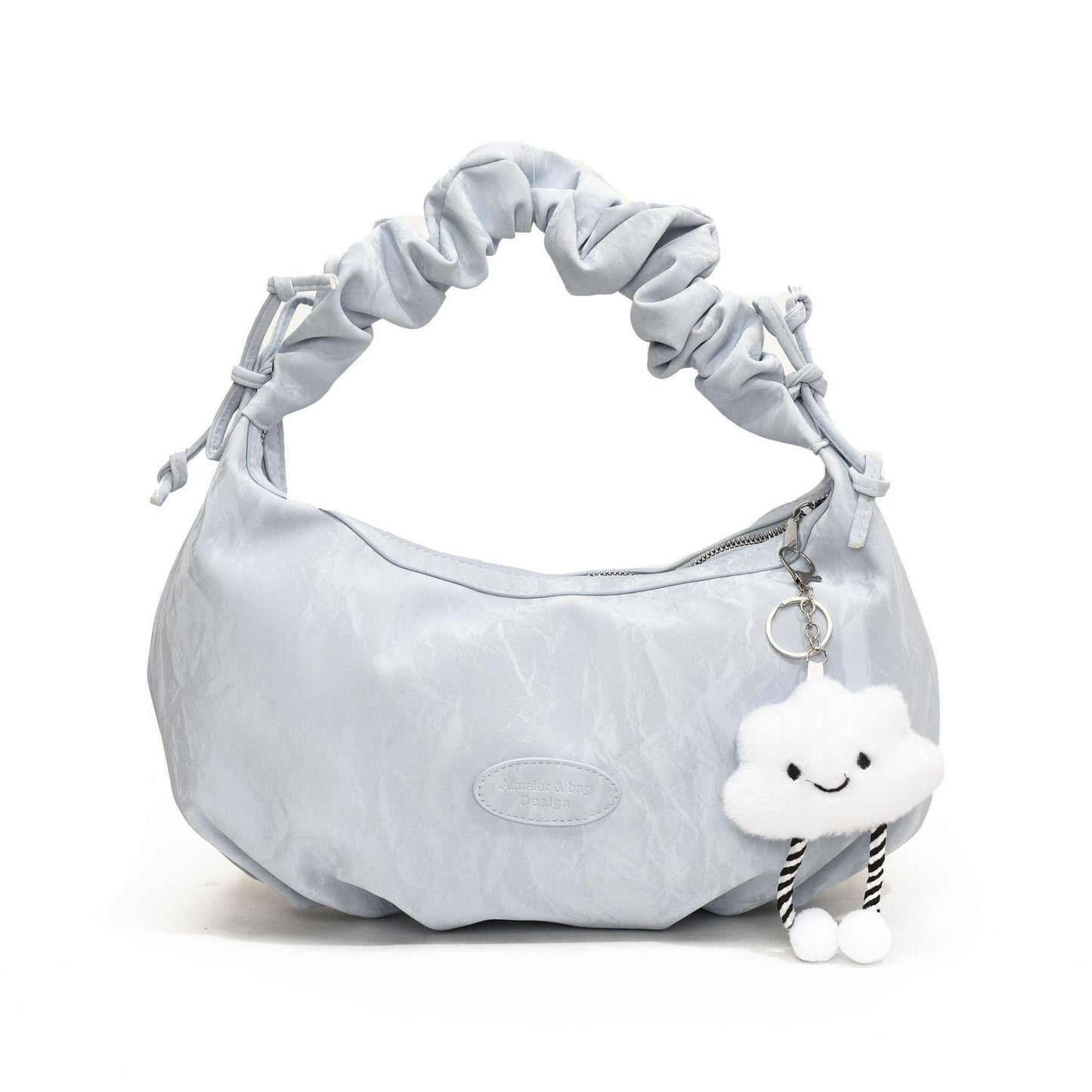 Cloud doll key ring bag denim washed leather wave pattern wrinkle strap zipper shoulder bag