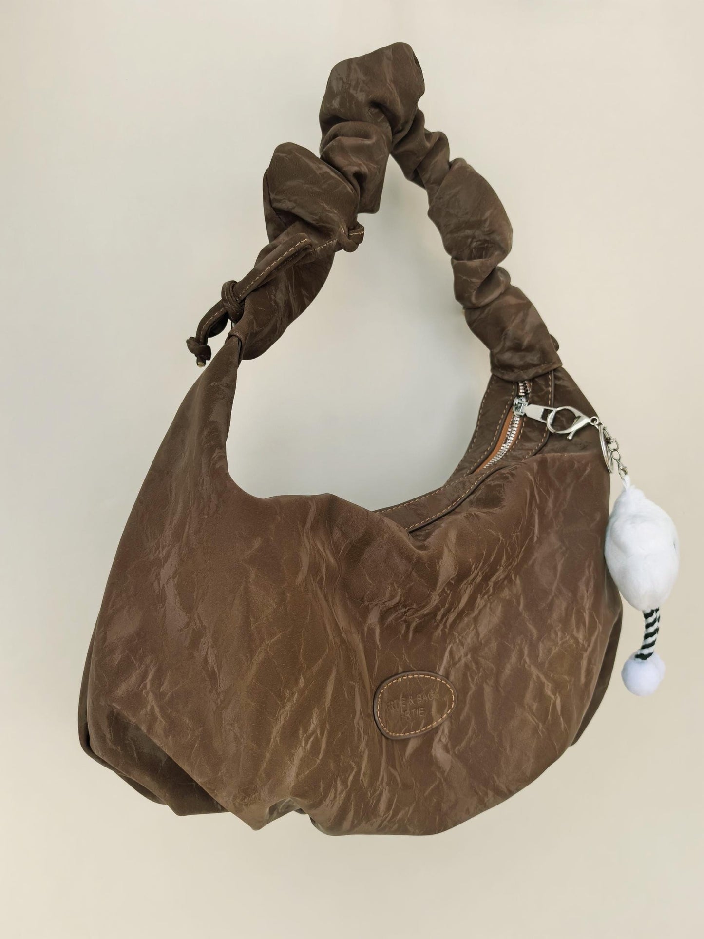 Cloud doll key ring bag denim washed leather wave pattern wrinkle strap zipper shoulder bag