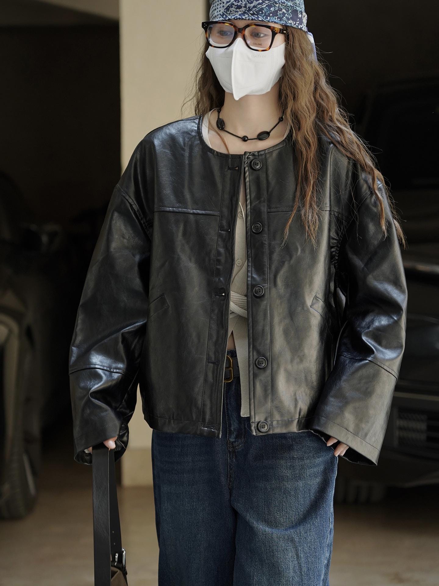 Round-neck Button Short Faux Leather Jacket