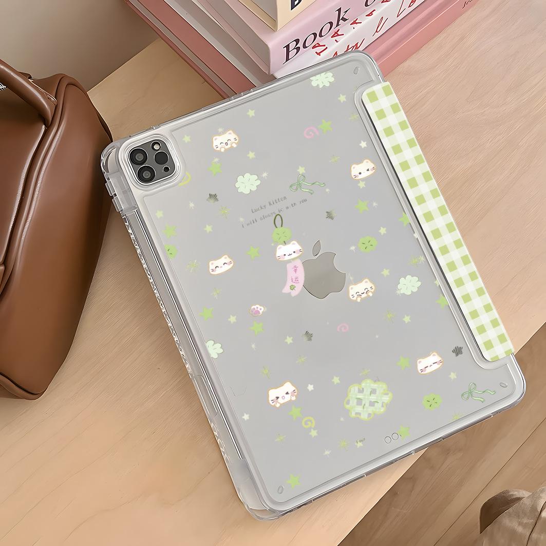 Lucky Clover & Ribbon Kawaii Cat Fold iPad Case