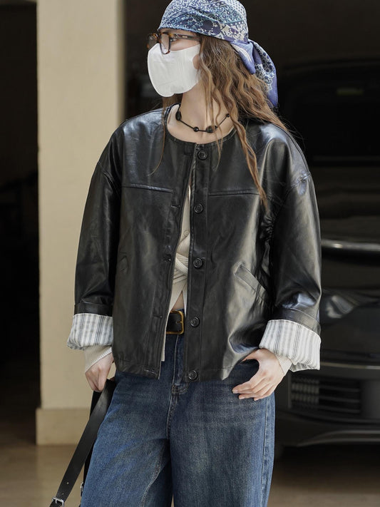 Round-neck Button Short Faux Leather Jacket