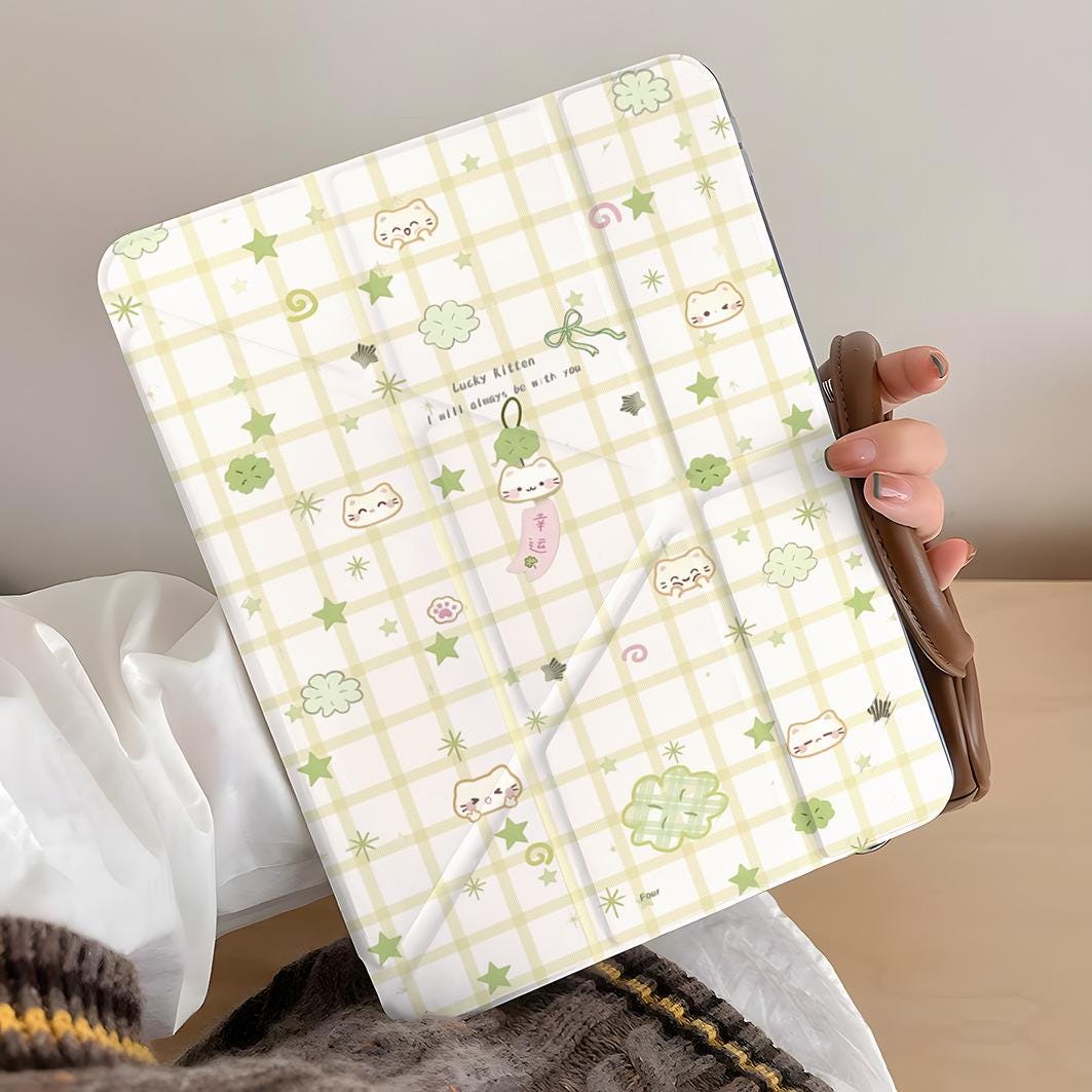 Lucky Clover & Ribbon Kawaii Cat Fold iPad Case