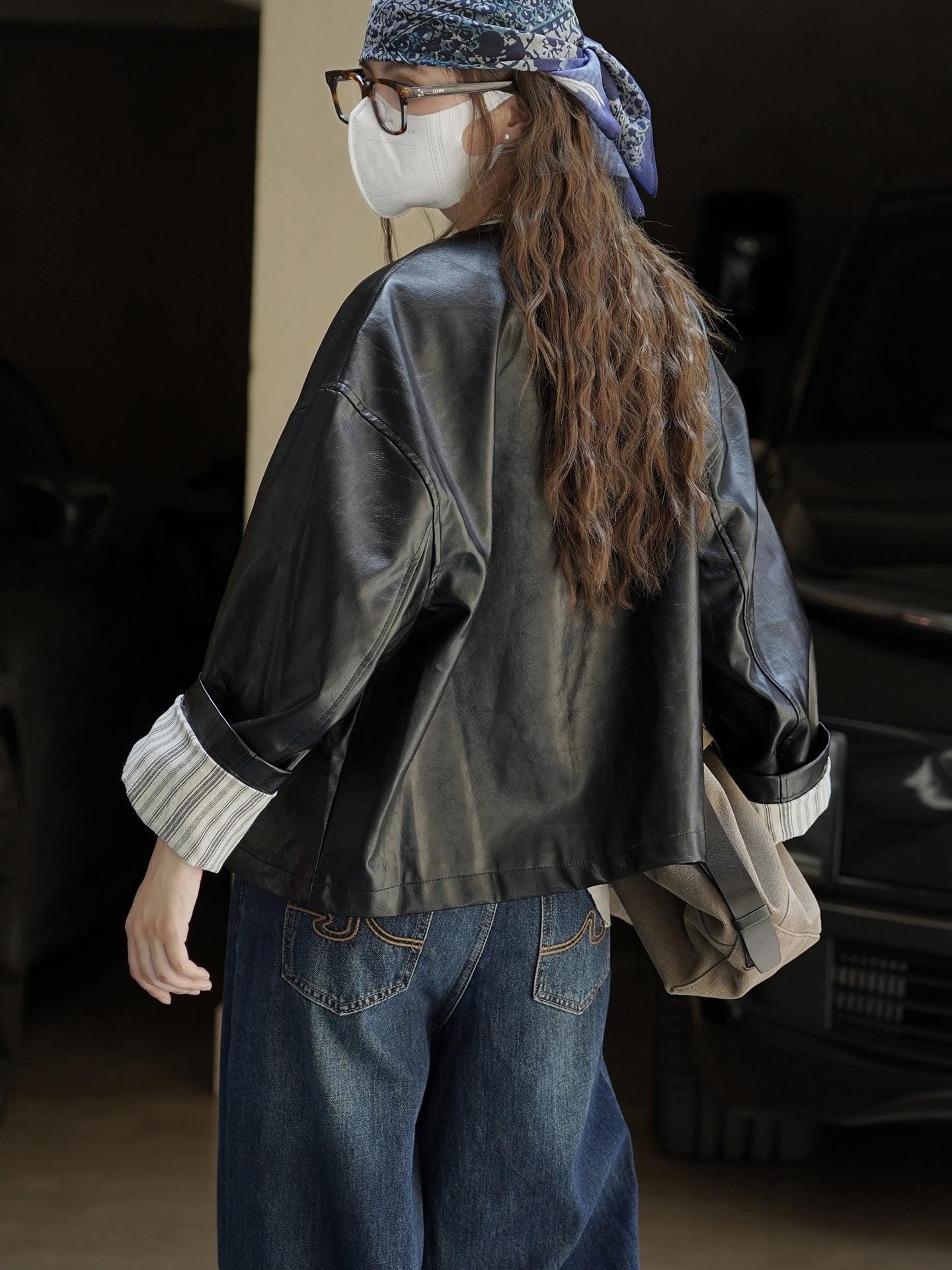 Round-neck Button Short Faux Leather Jacket