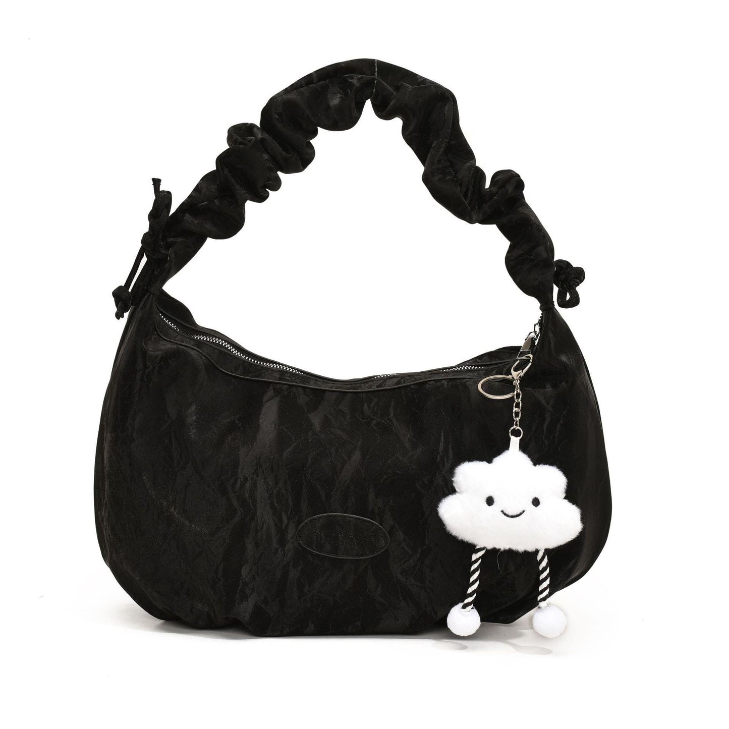 Cloud doll key ring bag denim washed leather wave pattern wrinkle strap zipper shoulder bag