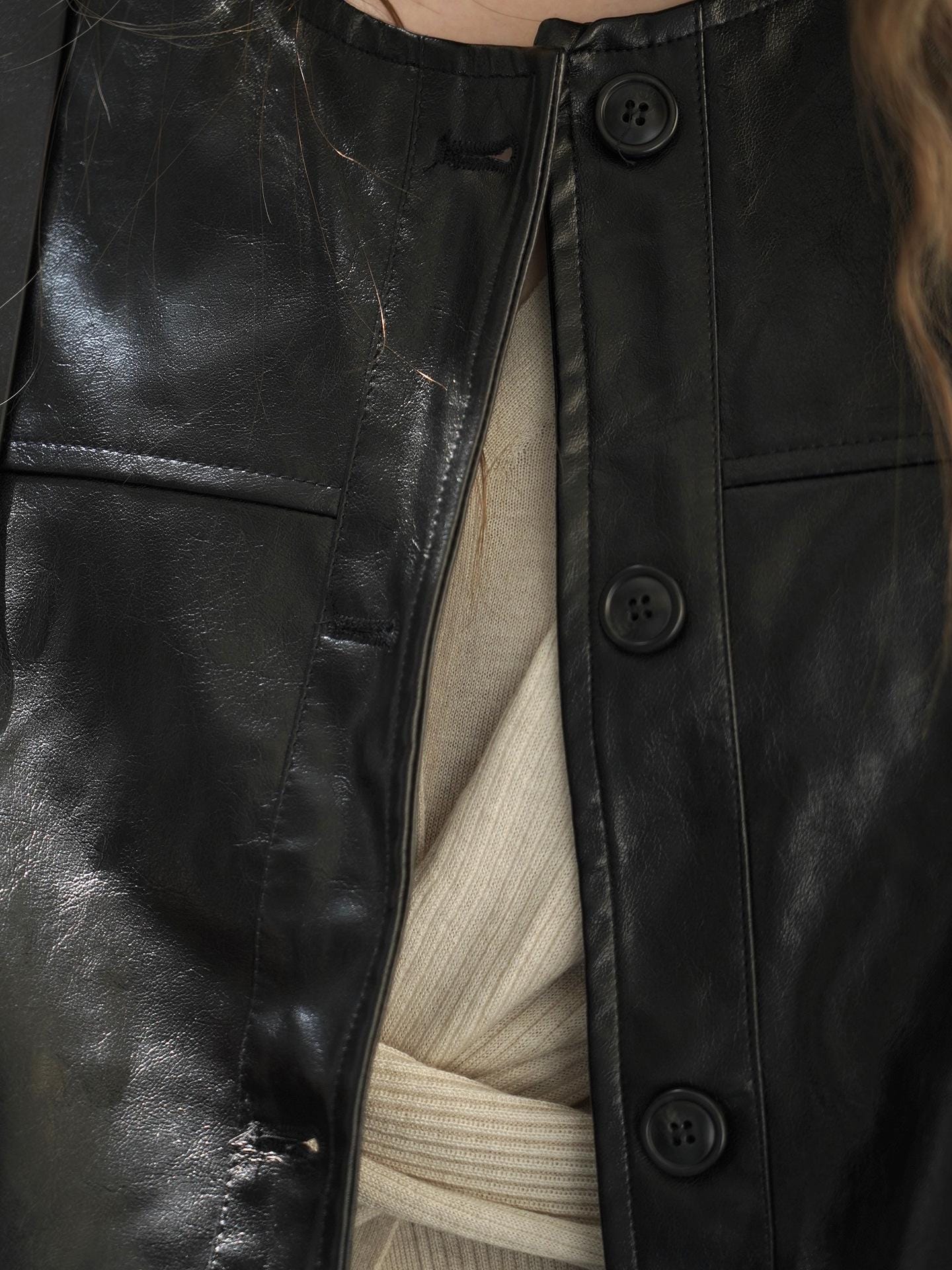 Round-neck Button Short Faux Leather Jacket