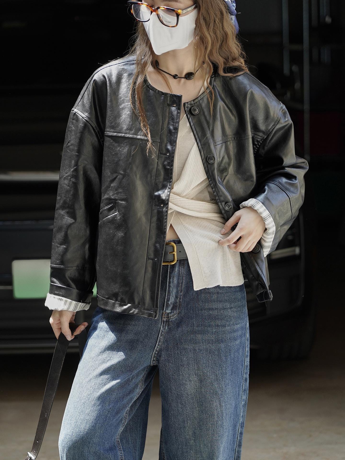 Round-neck Button Short Faux Leather Jacket