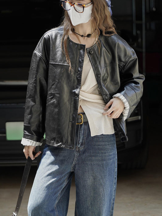 Round-neck Button Short Faux Leather Jacket