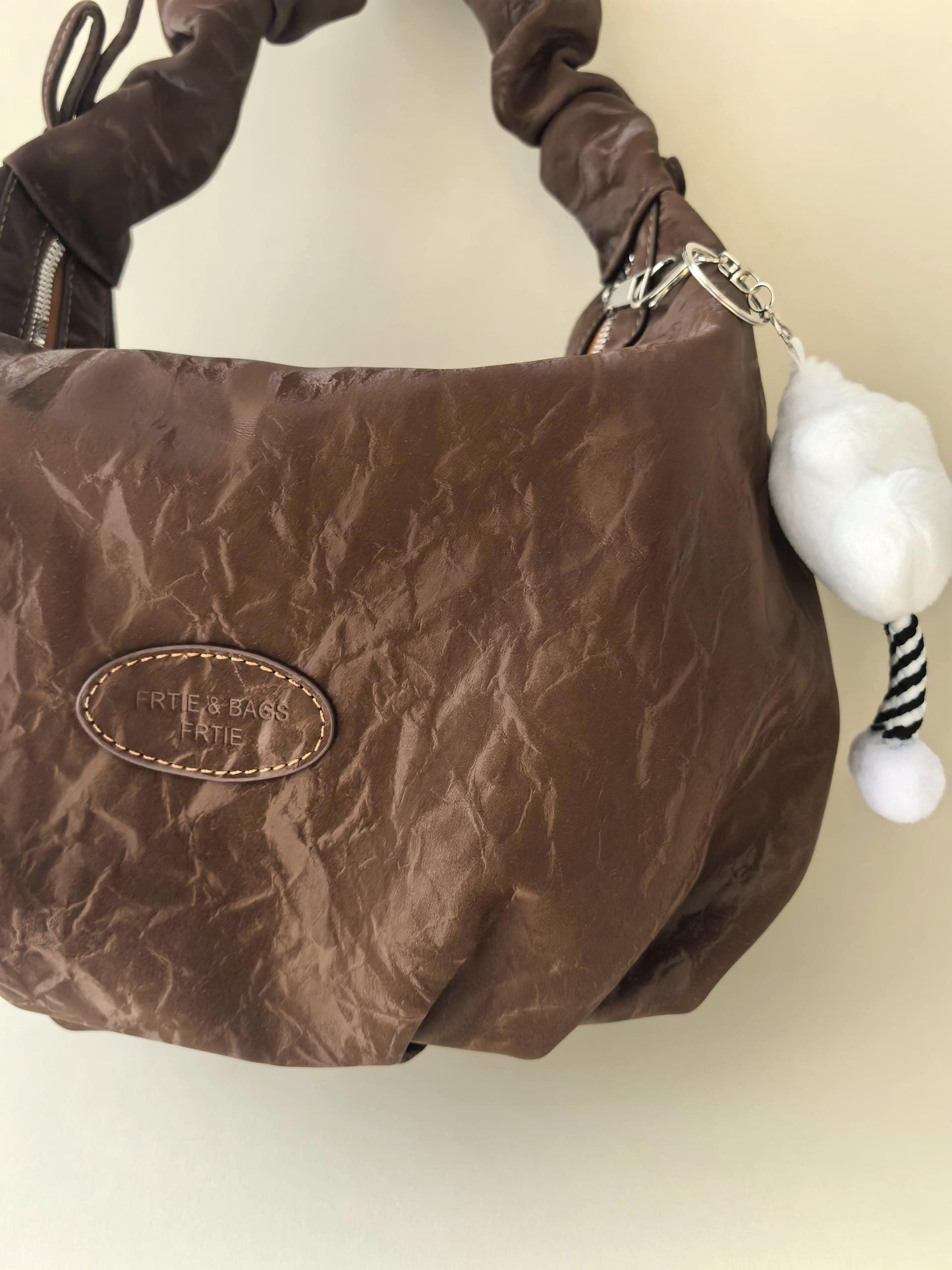 Cloud doll key ring bag denim washed leather wave pattern wrinkle strap zipper shoulder bag