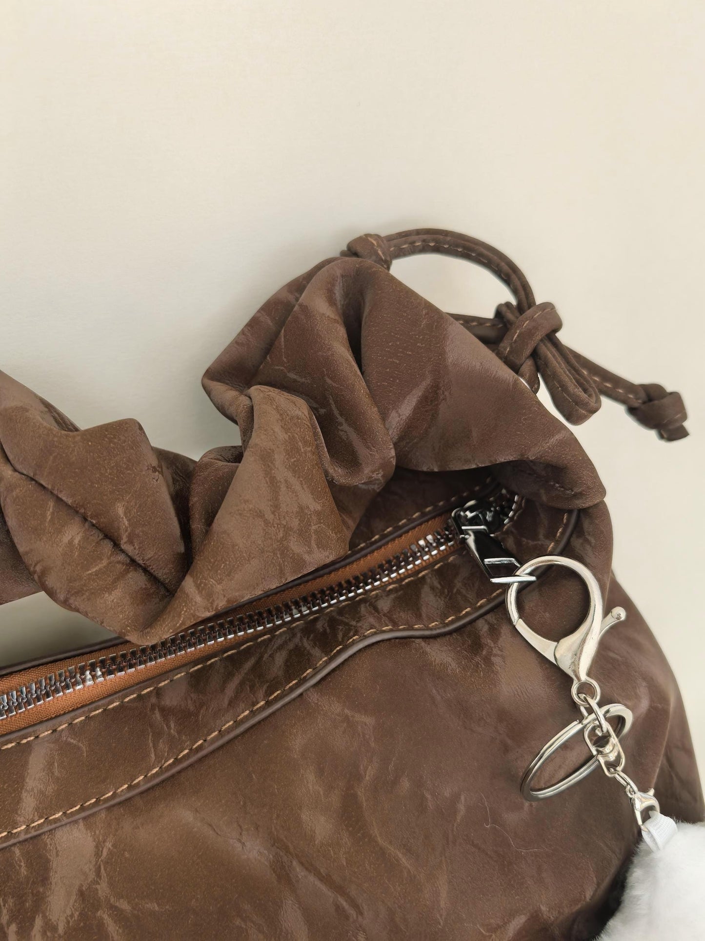 Cloud doll key ring bag denim washed leather wave pattern wrinkle strap zipper shoulder bag