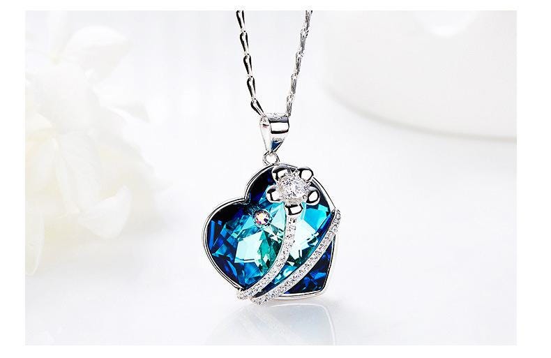 Ocean Heart Flower Crystal Necklace Silver 925 – Romantic Blue Crystal Pendant