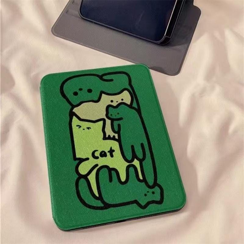 Green PU Leather Flip Cover iPad Cartoon Cat Tablet Case