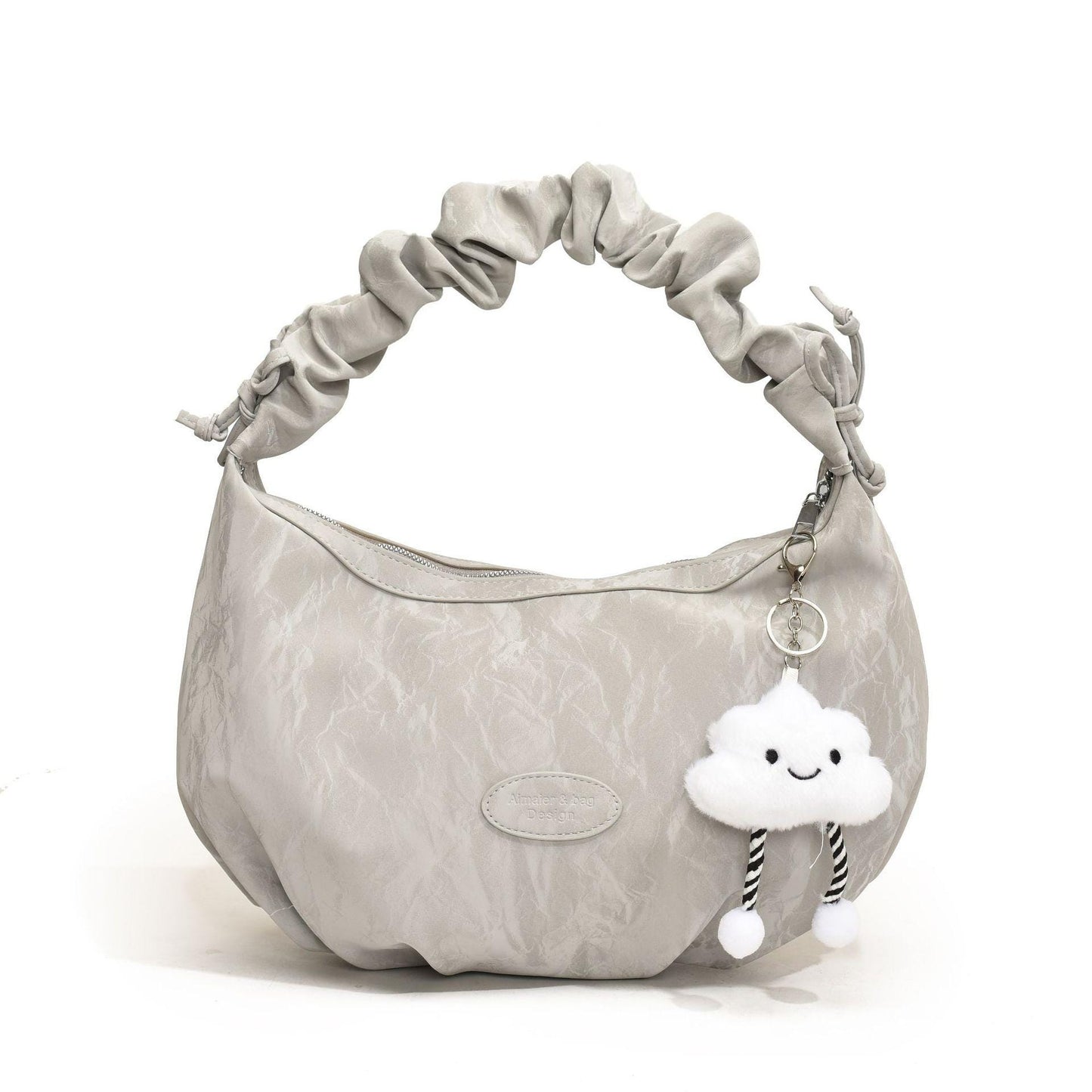 Cloud doll key ring bag denim washed leather wave pattern wrinkle strap zipper shoulder bag