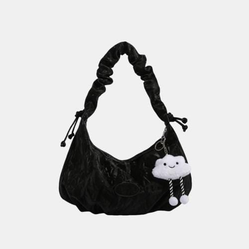 Cloud doll key ring bag denim washed leather wave pattern wrinkle strap zipper shoulder bag