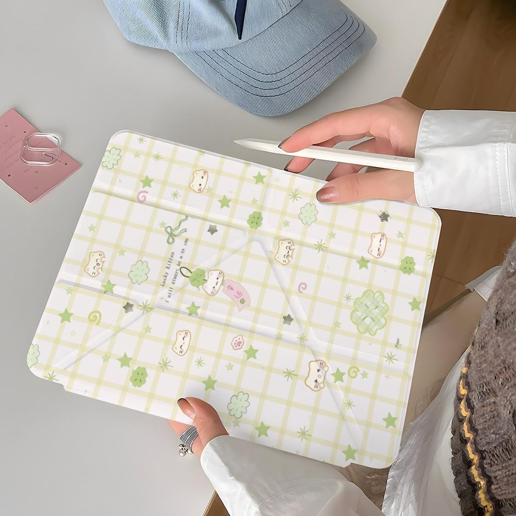 Lucky Clover & Ribbon Kawaii Cat Fold iPad Case