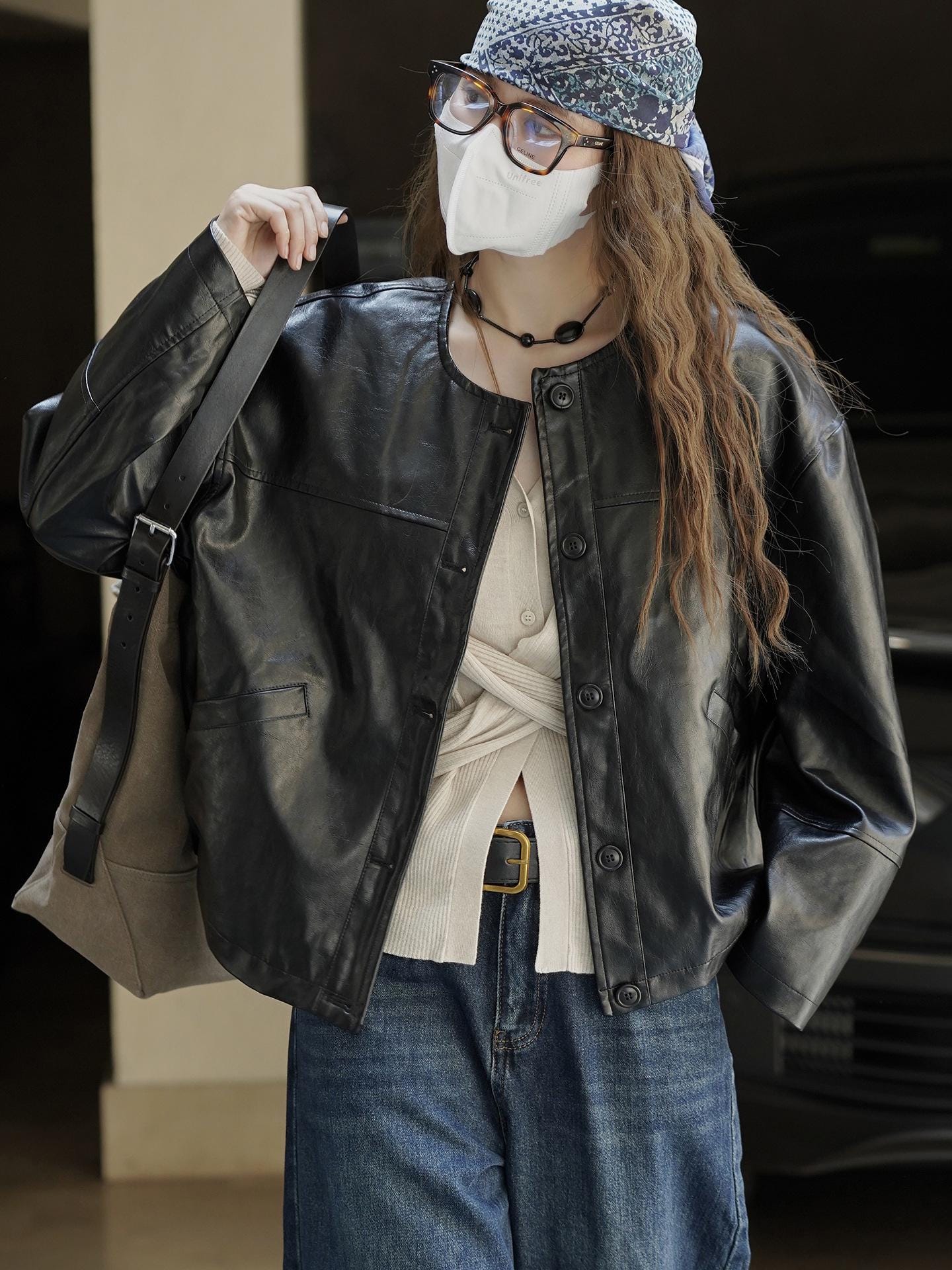 Round-neck Button Short Faux Leather Jacket