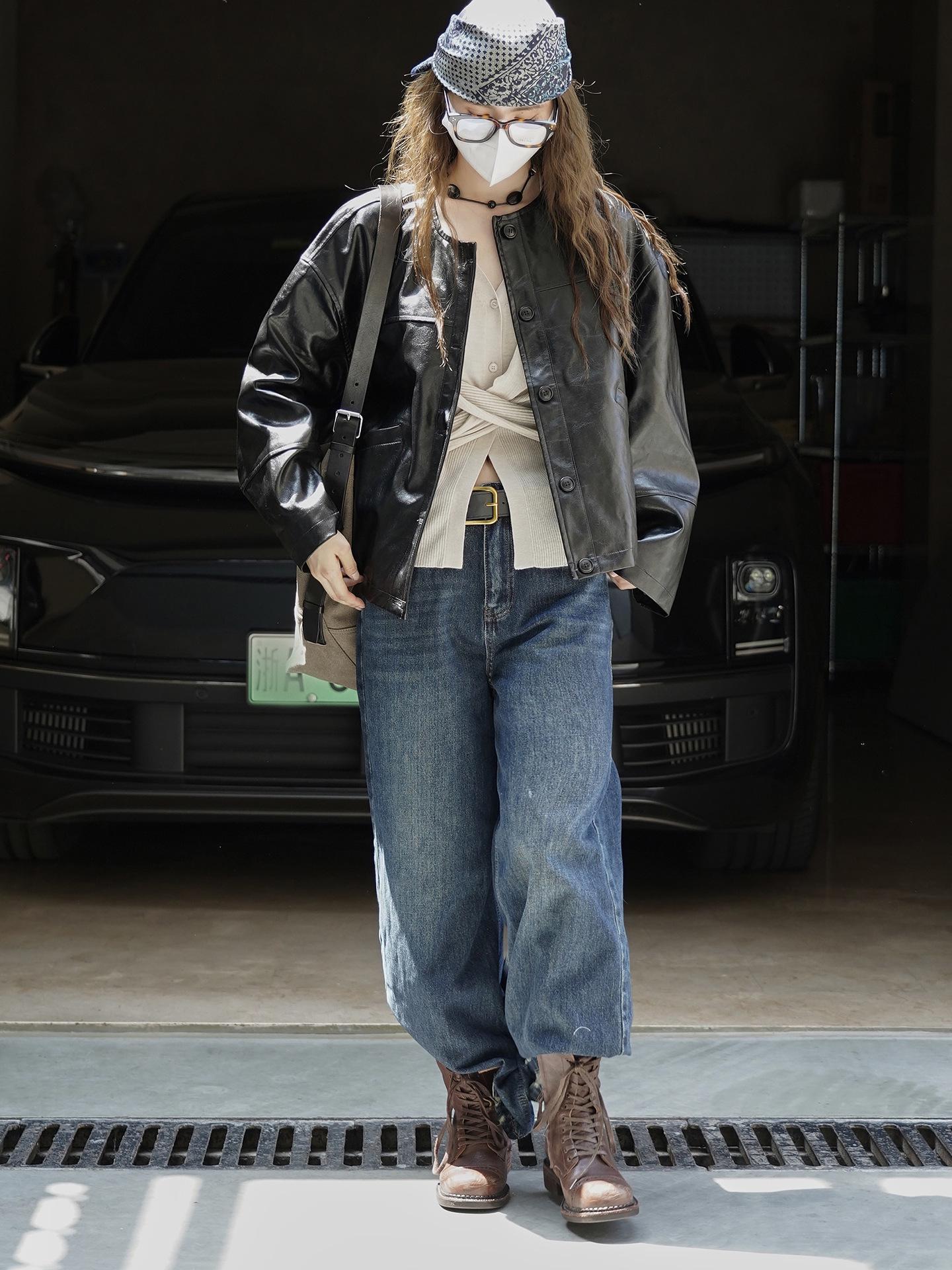 Round-neck Button Short Faux Leather Jacket