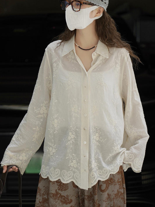 Elegant Vintage Embroidered Floral Texture Shirt Blouse