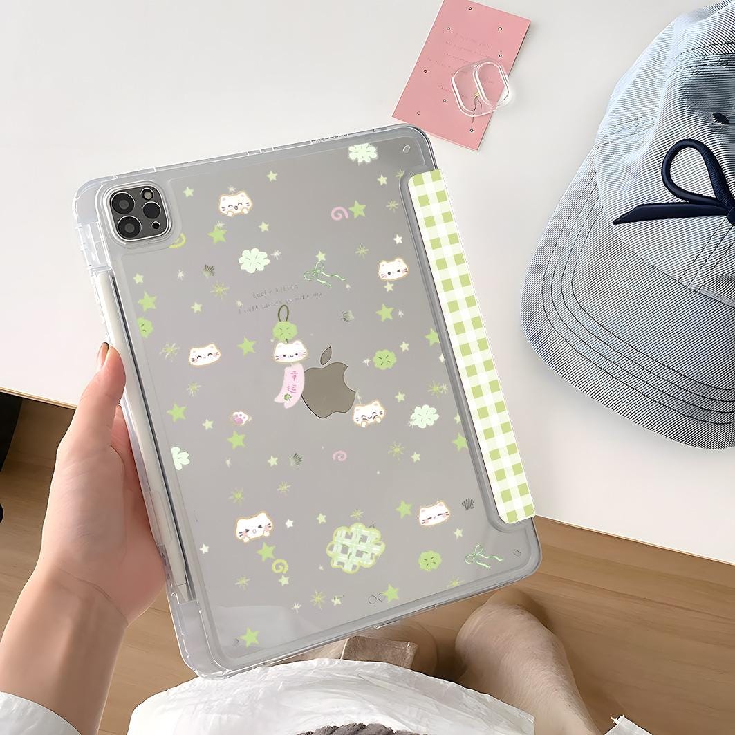 Lucky Clover & Ribbon Kawaii Cat Fold iPad Case