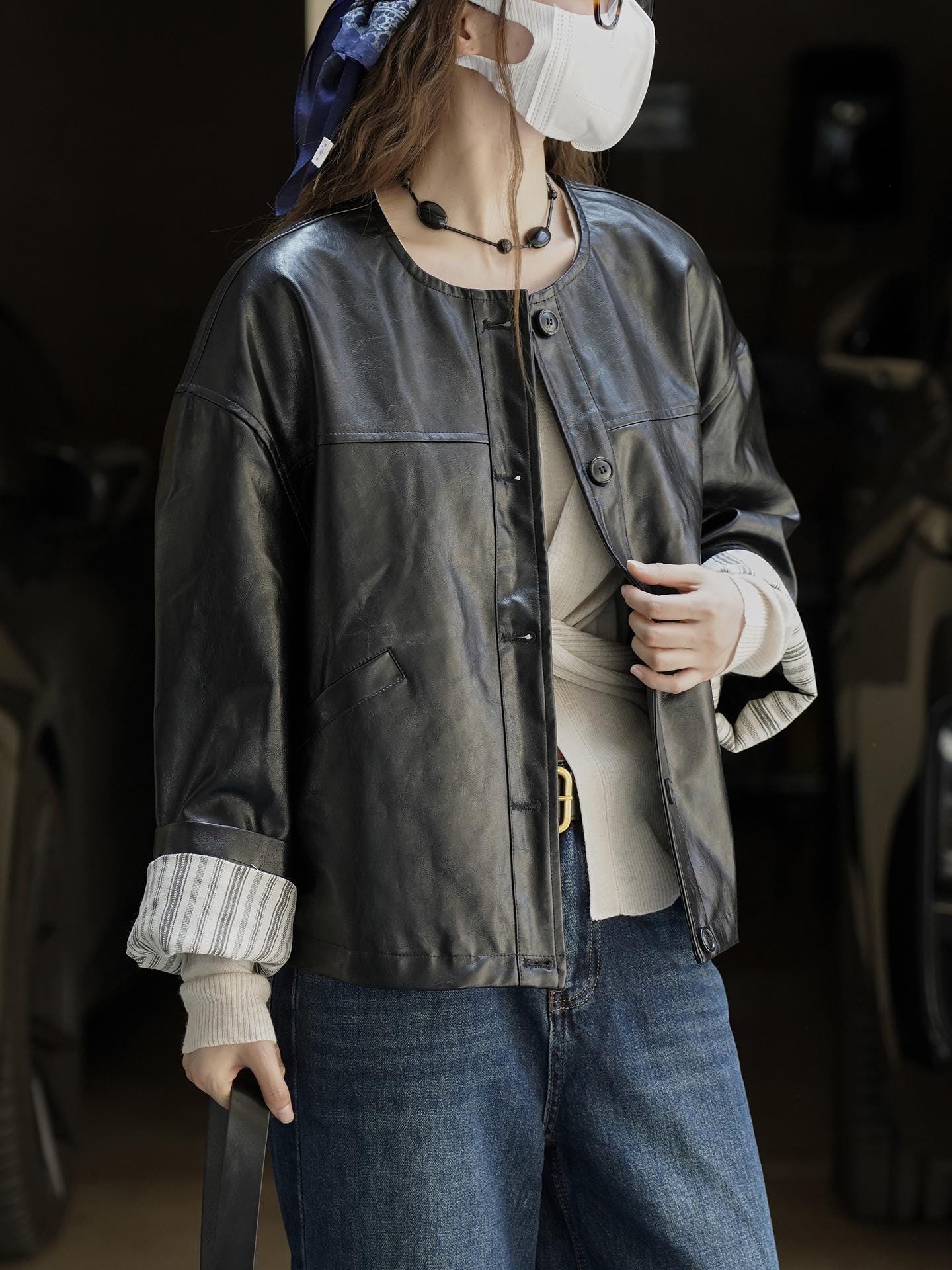 Round-neck Button Short Faux Leather Jacket