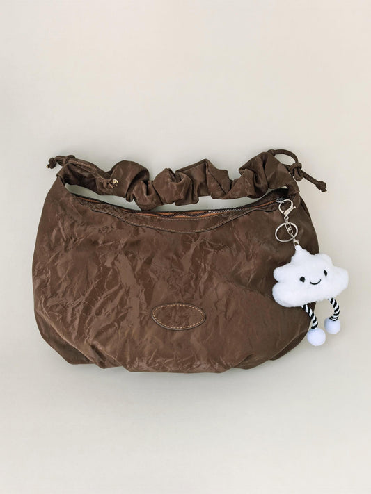 Cloud doll key ring bag denim washed leather wave pattern wrinkle strap zipper shoulder bag